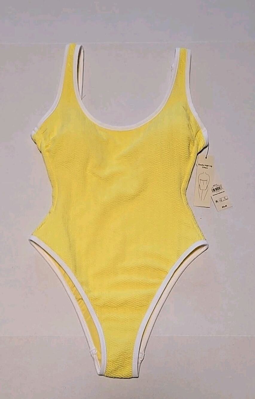 New No Boundaries Swimwear 1 Piece Size S 4 6 Yellow White Cheeky High Leg